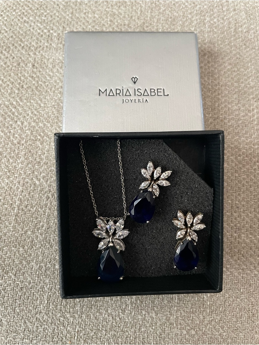 Navy Teardrop Crystal Necklace with Matching Earrings